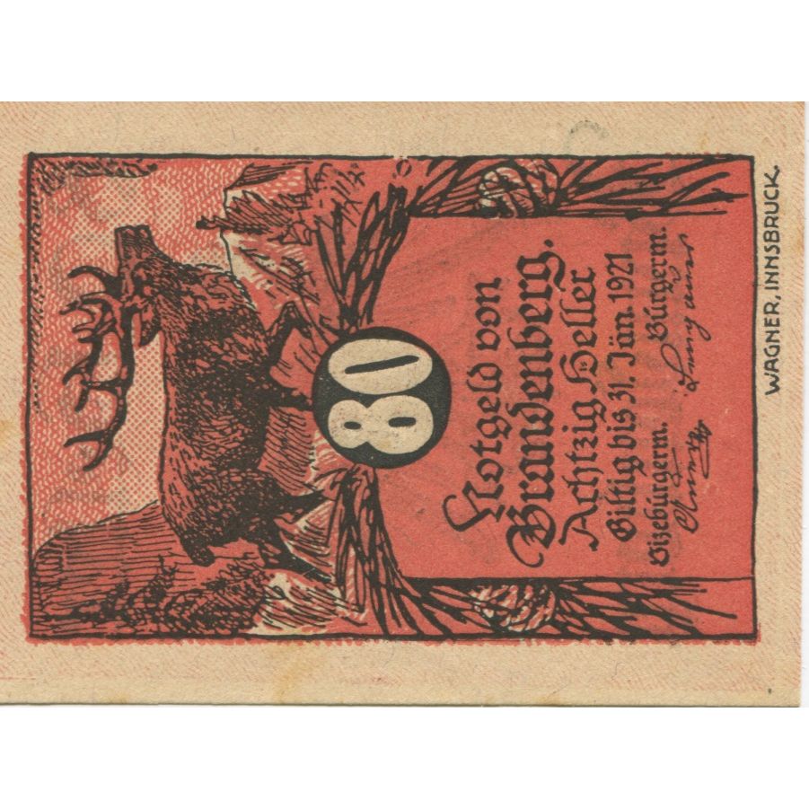Banknote, Austria, Brandenberg, 80 Heller, cerf 1920-12-31 AU(55-58) Mehl:FS 99a