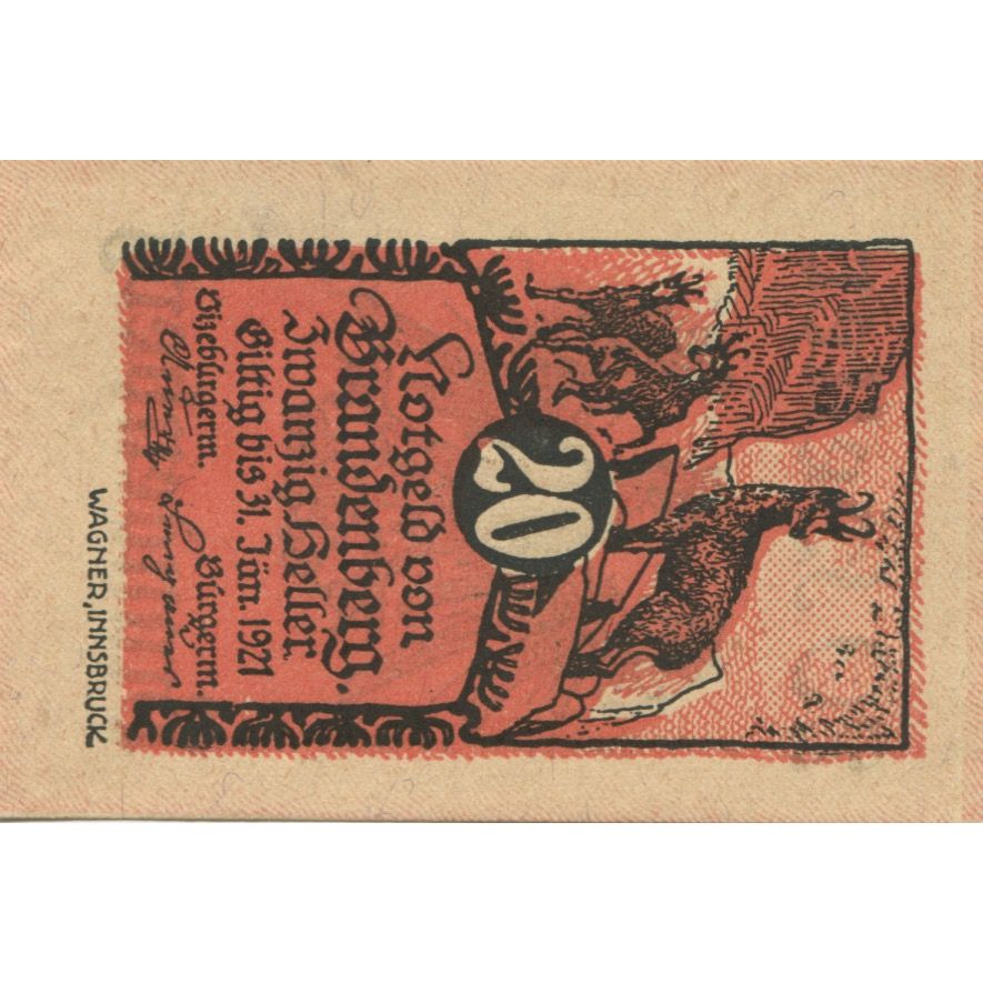 Banknote, Austria, Brandenberg, 20 Heller, Cerfs, 1920, UNC(63) Mehl:FS 99a