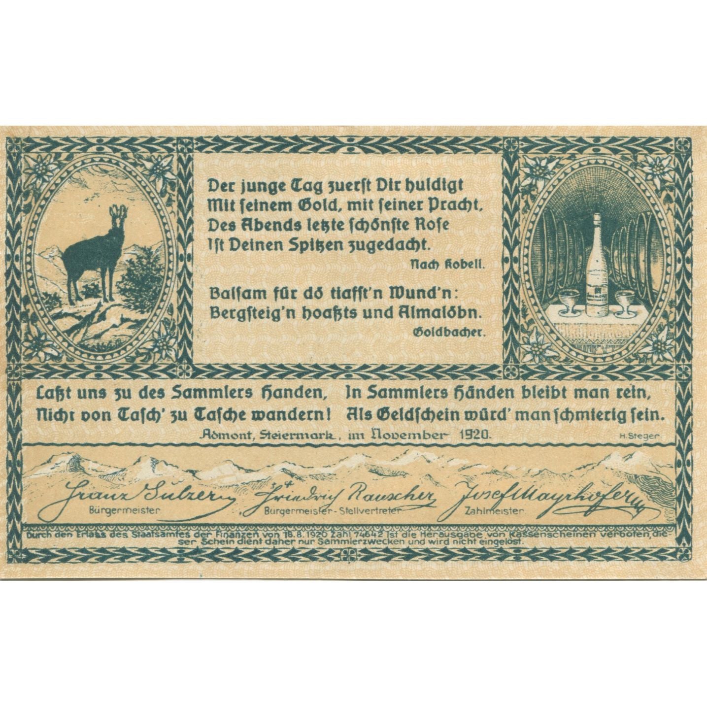 Banknote, Austria, Admont, 40 Heller, montagne, 1920, UNC(63), Mehl:FS 6c