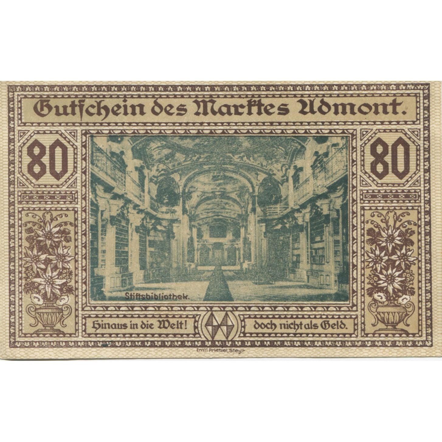 Banknote, Austria, Admont, 80 Heller, Bibliothèque, 1920, UNC(63), Mehl:FS 6d