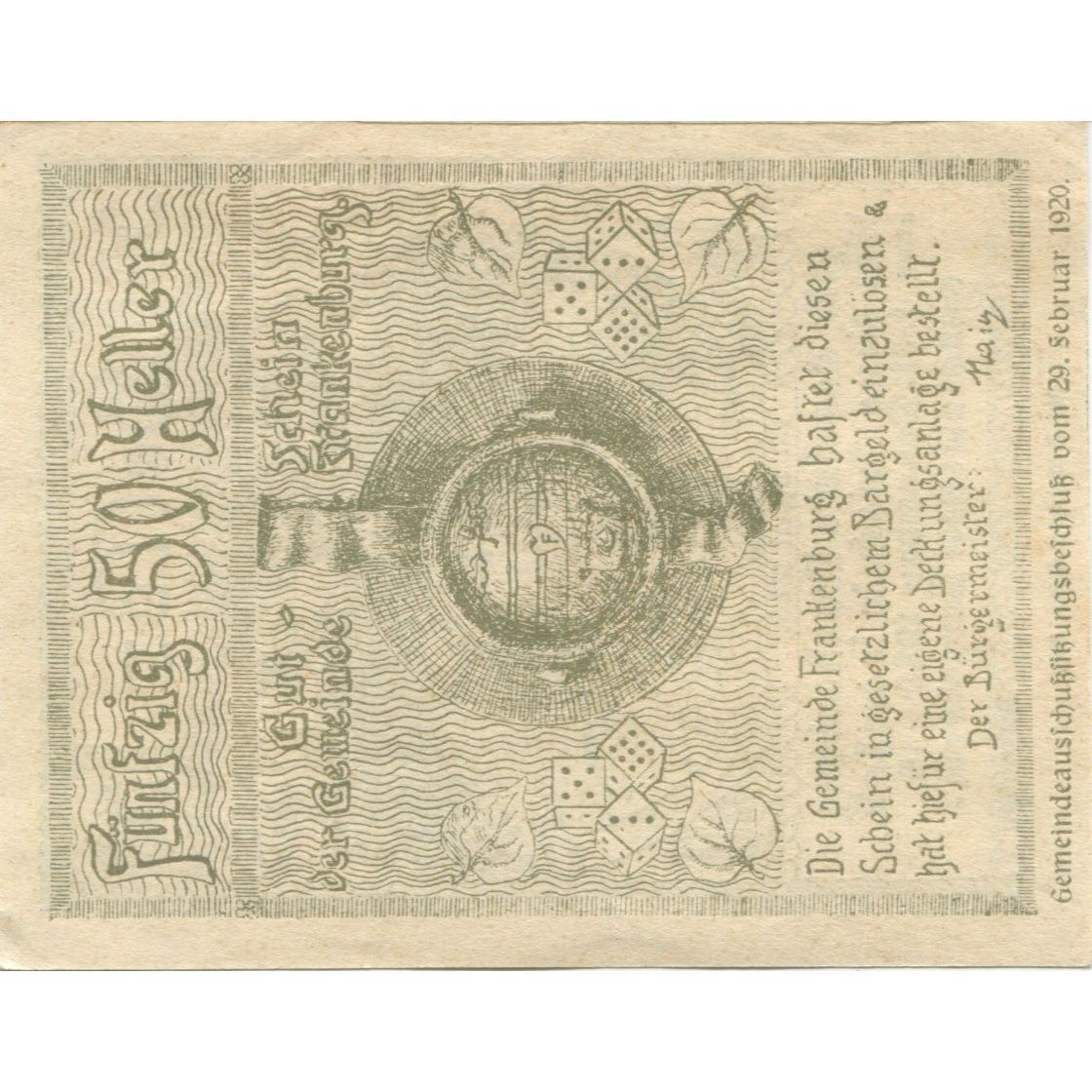 Banknote, Austria, Frankenburg, 50 Heller, jeu, 1920 UNC(63) Mehl:FS 211Ib