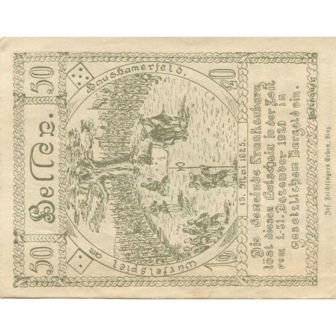 Banknote, Austria, Frankenburg, 50 Heller, jeu, 1920 UNC(63) Mehl:FS 211Ib