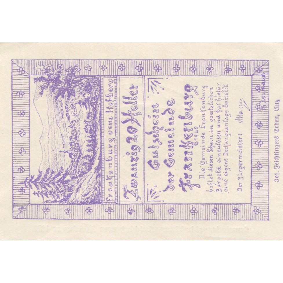 Banknote, Austria, Frankenburg, 20 Heller, Forêt, 1920, UNC(63) Mehl:FS 206Ia