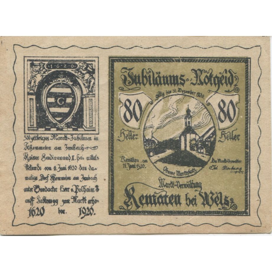 Banknote, Austria, KEMATEN, 80 Heller, Blason, 1920 UNC(63) Mehl:FS 432