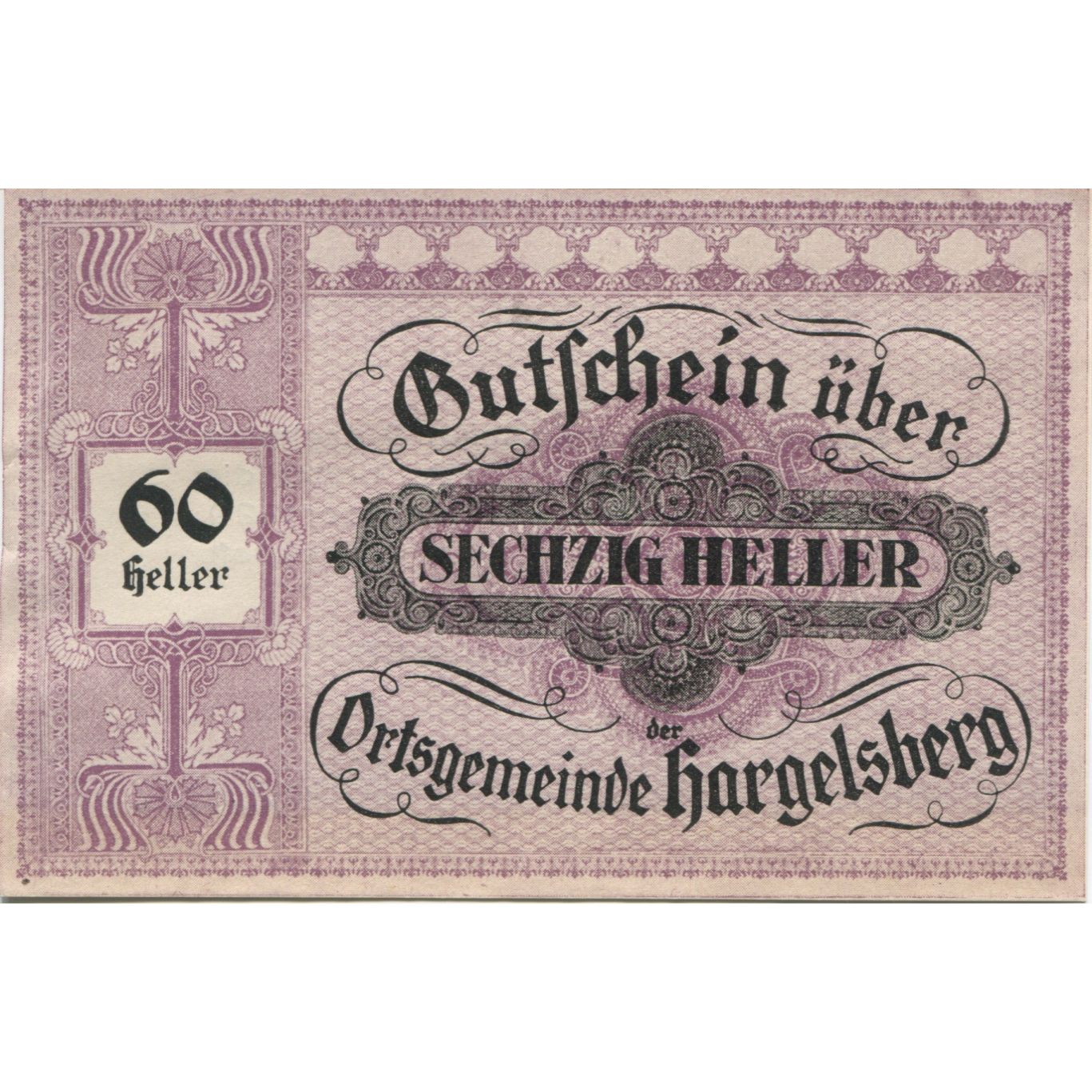 Banknote, Austria, Hargelsberg, 60 Heller face value 1920 UNC(63) Mehl:FS 349IIc