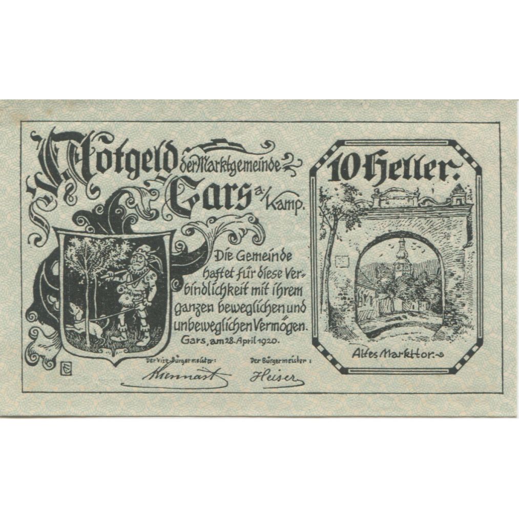 Banknote, Austria, Gars am Kamp, 10 Heller, Blason, 1920 UNC(63) Mehl:FS 222a