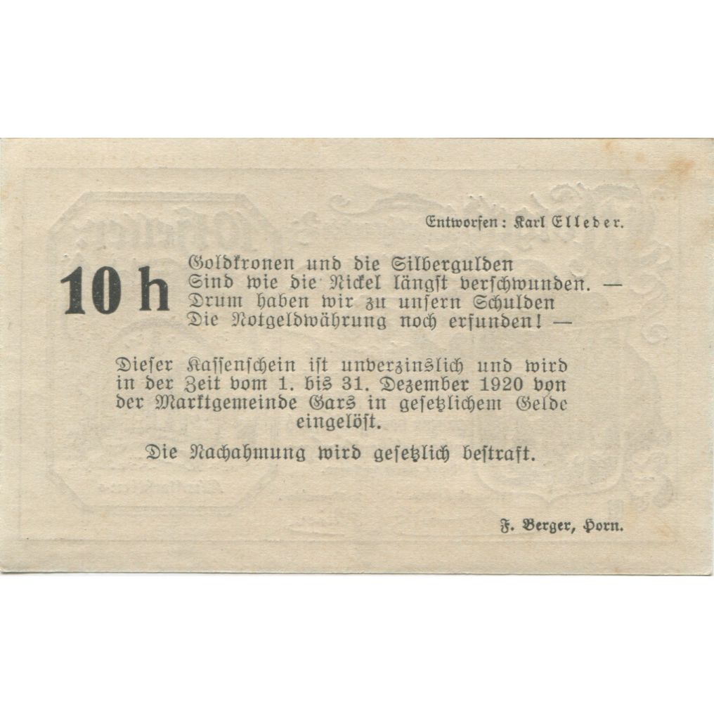 Banknote, Austria, Gars am Kamp, 10 Heller, Blason, 1920 UNC(63) Mehl:FS 222a