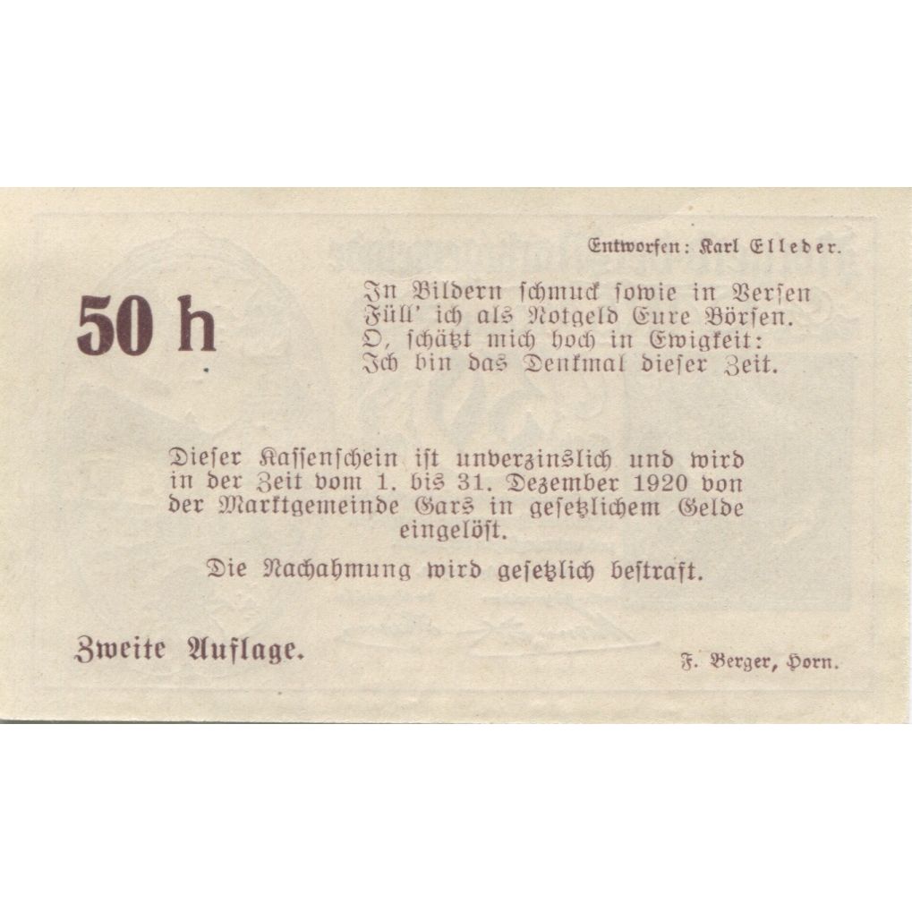 Banknote, Austria, Gars am Kamp, 50 Heller, place, 1920 UNC(63) Mehl:FS 222a