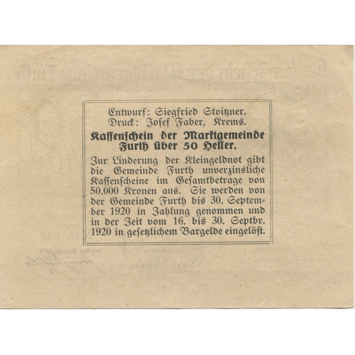 Banknote, Austria, Furth, 50 Heller, rue 1920-09-30, UNC(63), Mehl:FS 214b