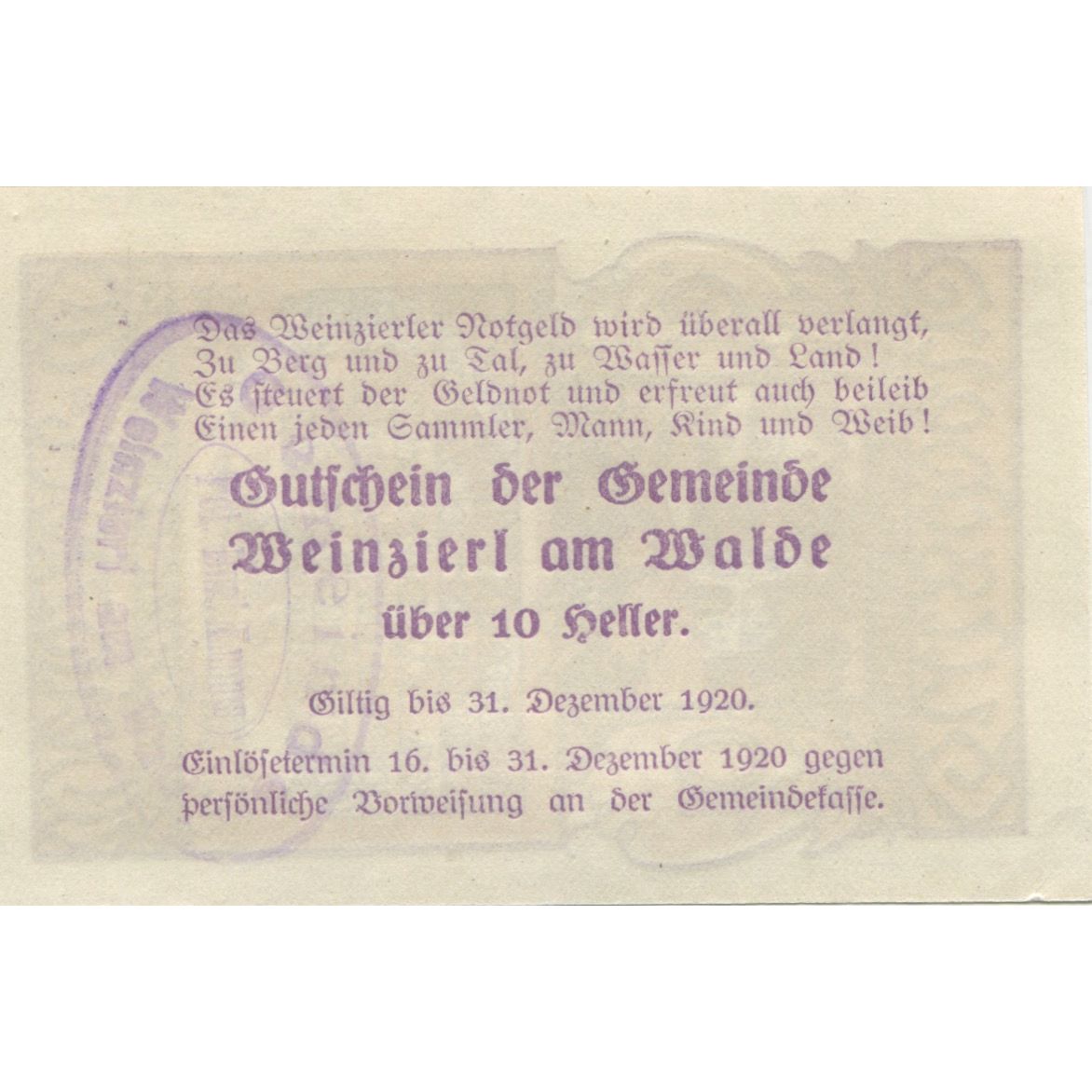 Banknote, Austria, Weinzierl, 10 Heller, ferme, 1920 UNC(63) Mehl:FS 1152a