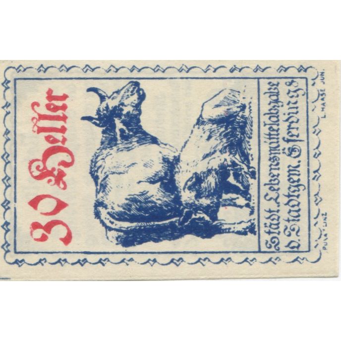 Banknote, Austria, Eferding, 30 Heller, Animaux, 1920 UNC(63) Mehl:FS 152Va