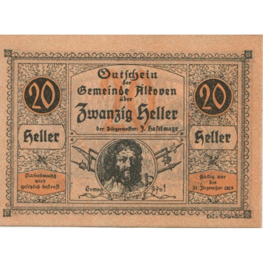 Banknote, Austria, Alkoven, 20 Heller, personnage, 1920 UNC(63) Mehl:FS 18IIa
