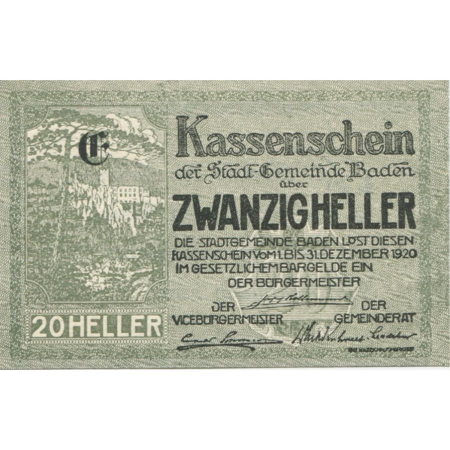 Banknote, Austria, Baden, 20 Heller, château, 1920 UNC(63) Mehl:FS 74a
