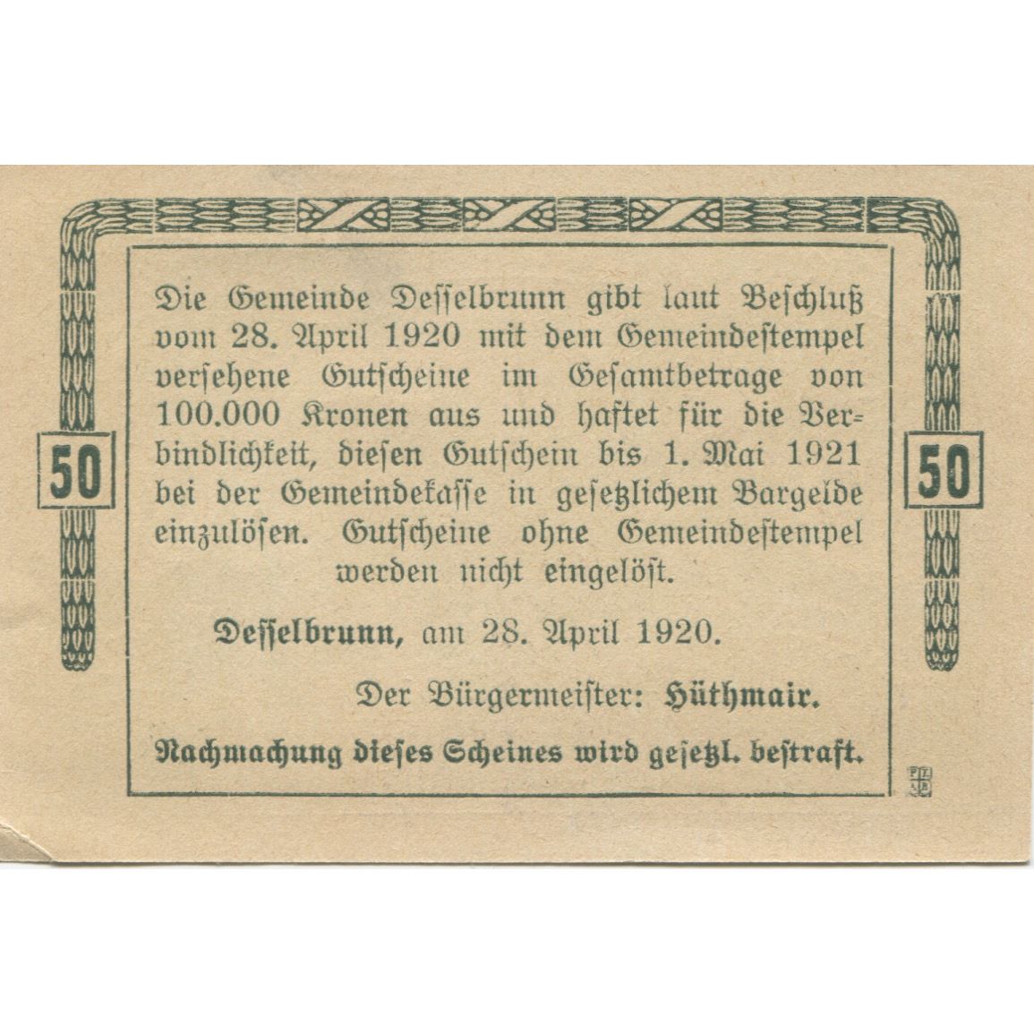 Banknote, Austria, Desselbrunn, 50 Heller, roi, 1920, UNC(63) Mehl:FS 119a