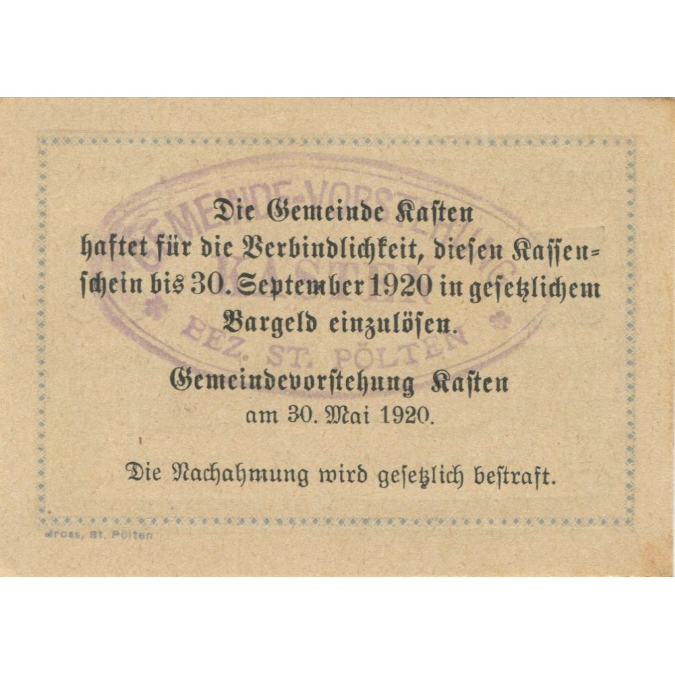 Banknote, Austria, Kasten, 50 Heller, village, 1920 UNC(63) Mehl:FS 428c