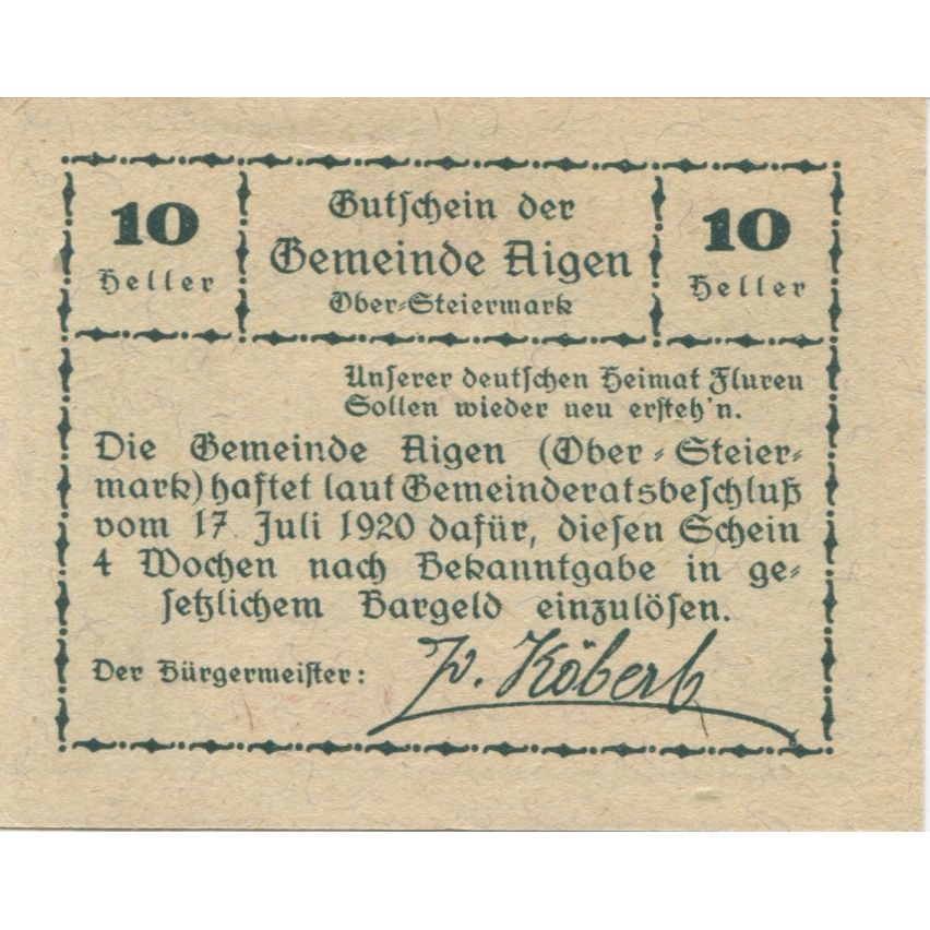 Banknote, Austria, Aigen, 10 Heller, paysage 1920-07-17, UNC(63), Mehl:FS 14a