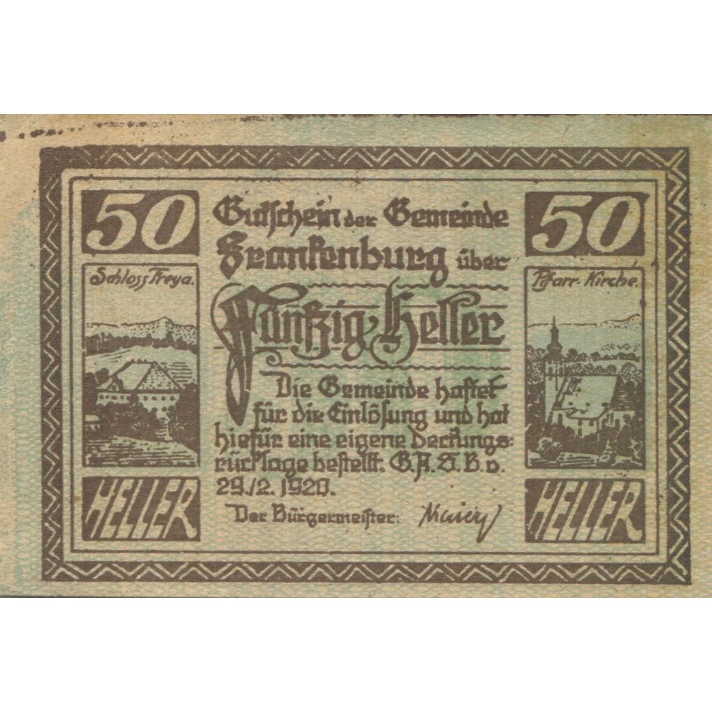 Banknote, Austria, Frankenburg, 50 Heller, Eglise, 1920 UNC(63) Mehl:FS 206IIb