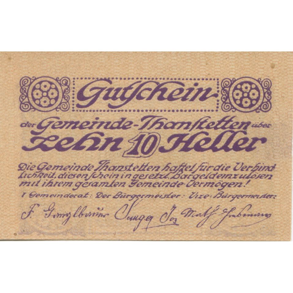 Banknote, Austria, Thanstetten, 10 Heller, Blason, 1920 UNC(63) Mehl:FS 1068a