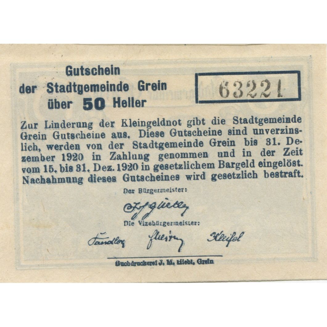Banknote, Austria, Grein, 50 Heller, paysage 1920-12-31, UNC(63), Mehl:FS 276
