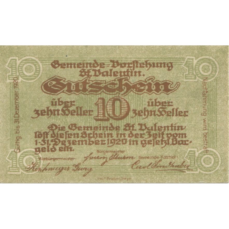 Banknote, Austria, St Valentin, 10 Heller, rue, 1920 UNC(63) Mehl:FS 941