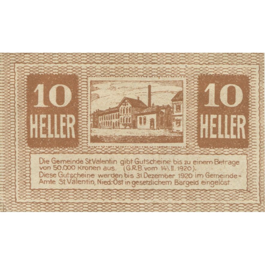 Banknote, Austria, St Valentin, 10 Heller, rue, 1920 UNC(63) Mehl:FS 941