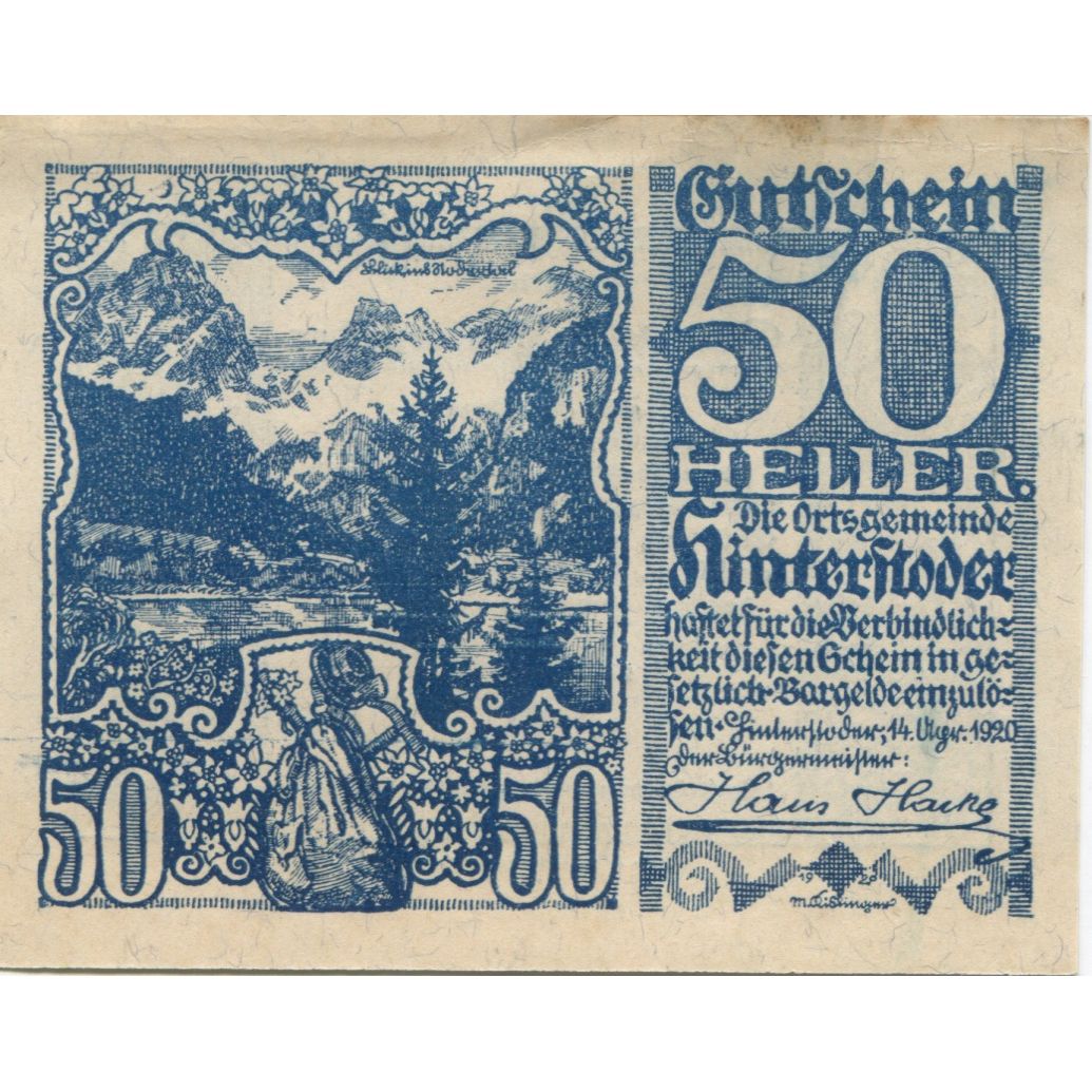 Banknote, Austria, Hinterstoder, 50 Heller, montagne, 1920 UNC(63) Mehl:FS 377c