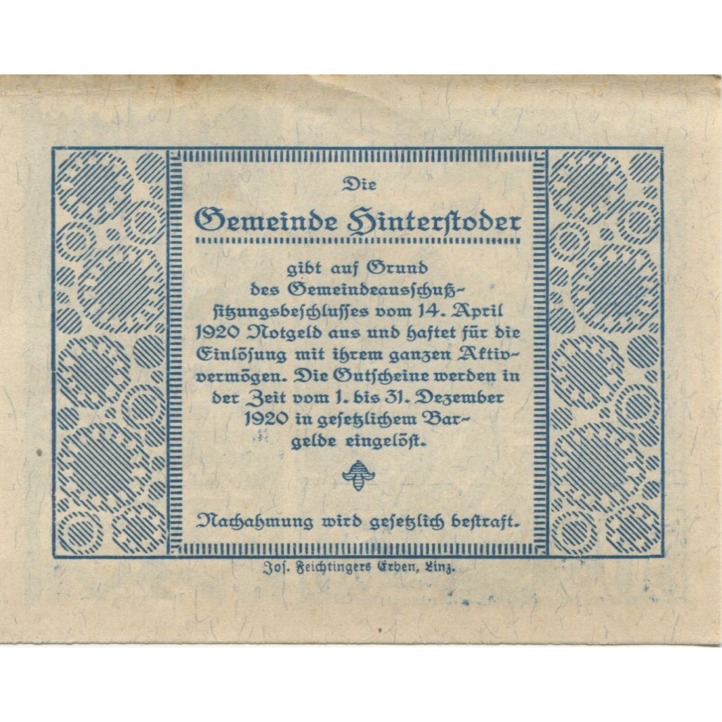 Banknote, Austria, Hinterstoder, 50 Heller, montagne, 1920 UNC(63) Mehl:FS 377c