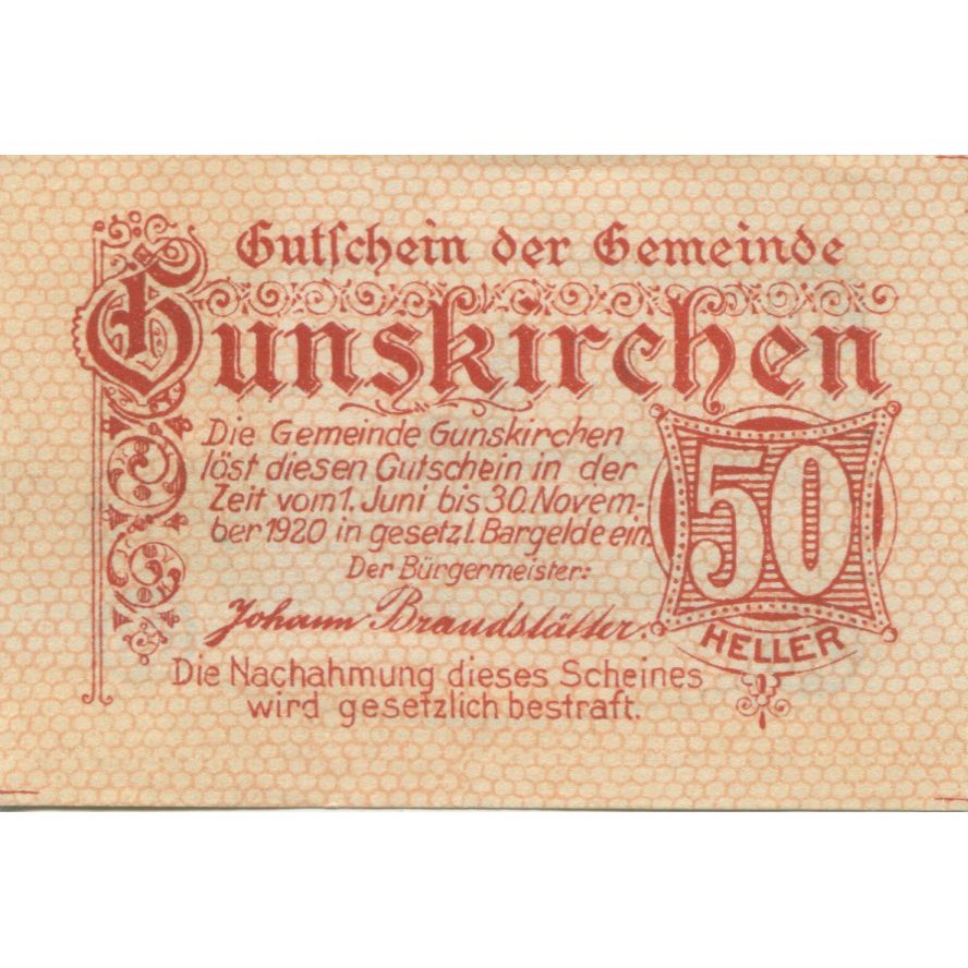 Banknote, Austria, Gunskirchen, 50 Heller, village, 1920 UNC(63) Mehl:FS 309Ia