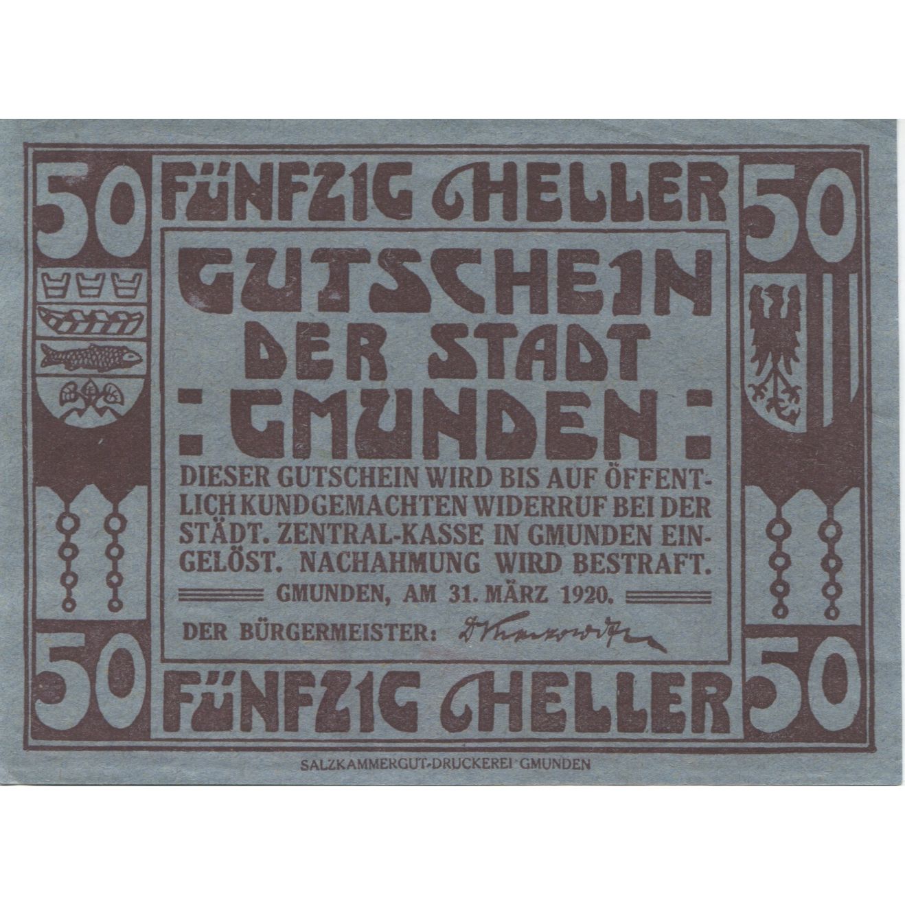 Banknote, Austria, Gmunden, 50 Heller, Blason, 1920 UNC(63) Mehl:FS 240I