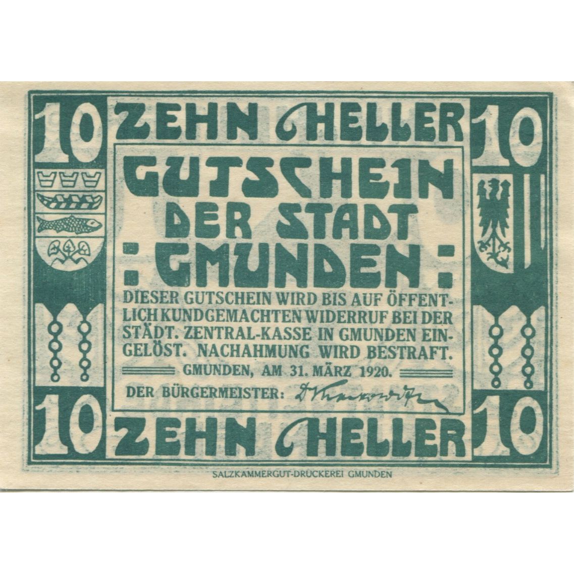 Banknote, Austria, Gmunden, 10 Heller, mer 1920-03-31, UNC(63), Mehl:FS 240I