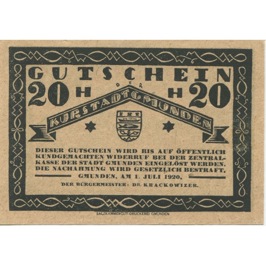 Banknote, Austria, Gmunden, 20 Heller, village, 1920 UNC(63) Mehl:FS 240I