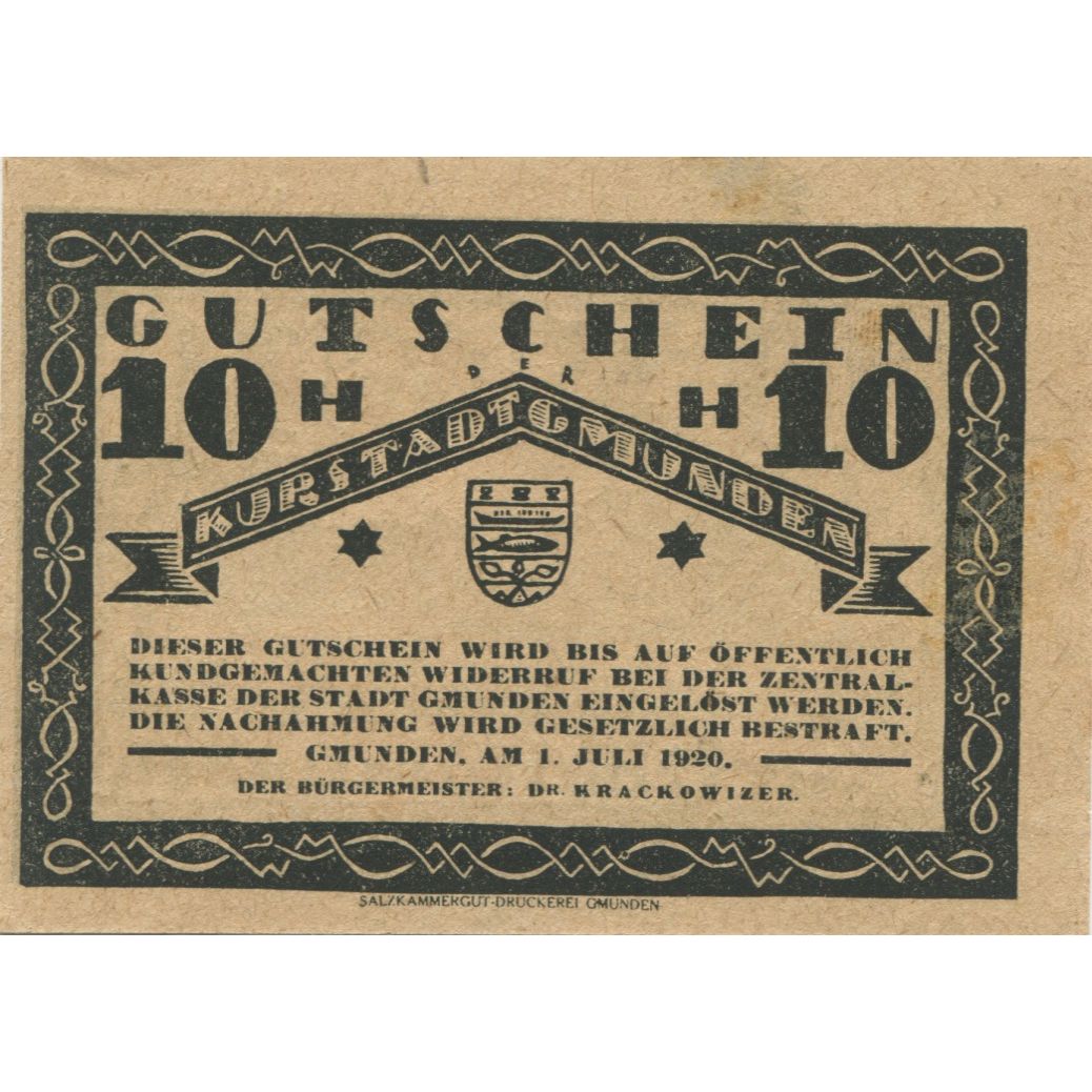 Banknote, Austria, Gmunden, 10 Heller, paysage, 1920, UNC(63) Mehl:FS 240I