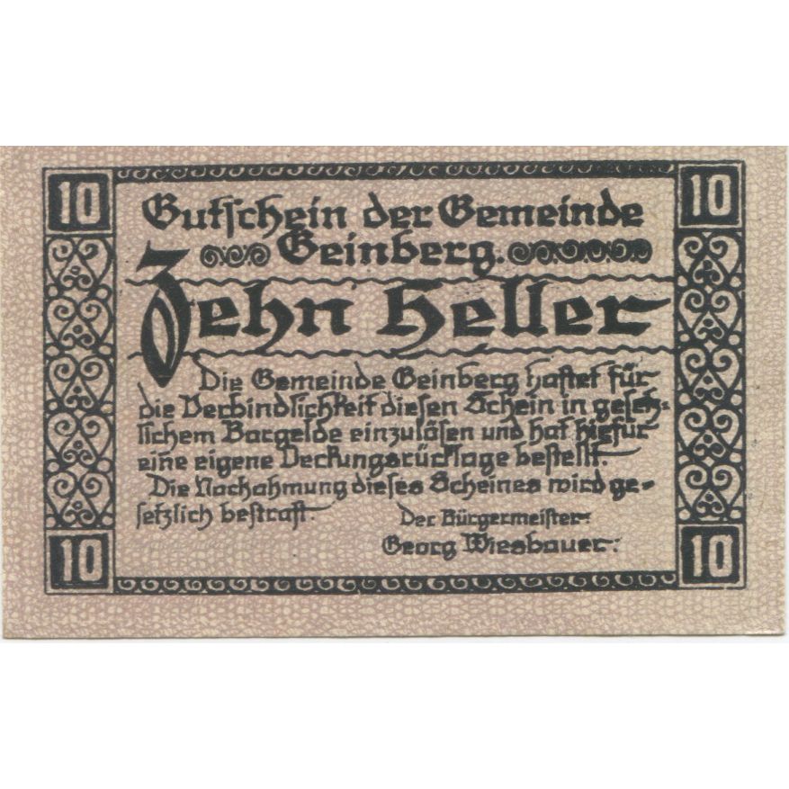 Banknote, Austria, Geinberg, 10 Heller, Eglise, 1920 UNC(63) Mehl:FS 228