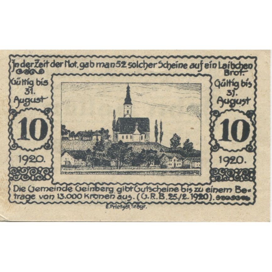 Banknote, Austria, Geinberg, 10 Heller, Eglise, 1920 UNC(63) Mehl:FS 228
