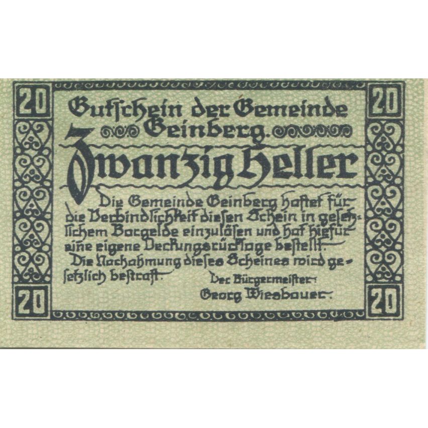 Banknote, Austria, Geinberg, 20 Heller, valeur faciale, 1920 UNC(63) Mehl:FS 228