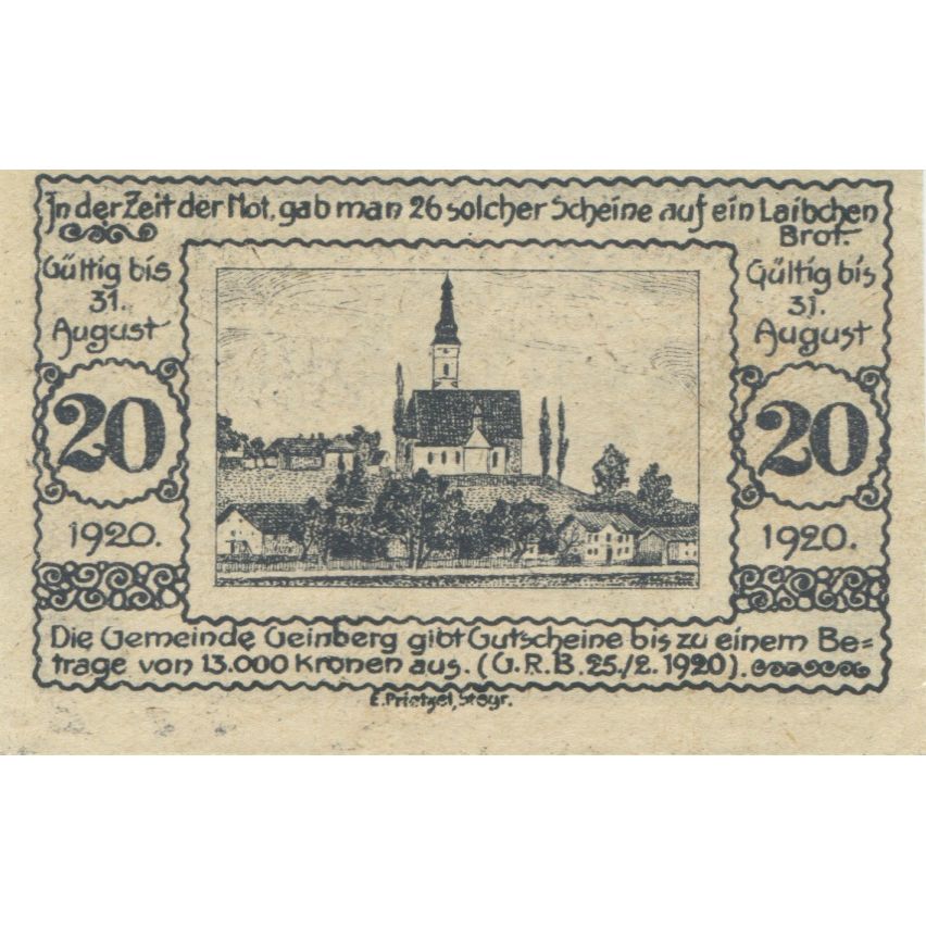 Banknote, Austria, Geinberg, 20 Heller, valeur faciale, 1920 UNC(63) Mehl:FS 228