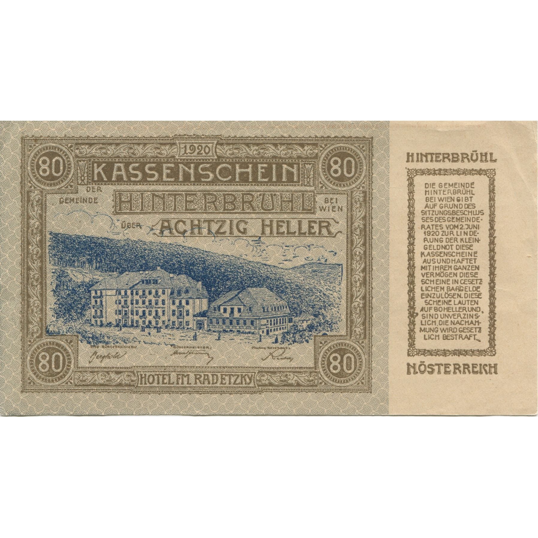 Banknote, Austria, Hinterbrühl, 80 Heller, paysage, 1920 UNC(63) Mehl:FS 376II