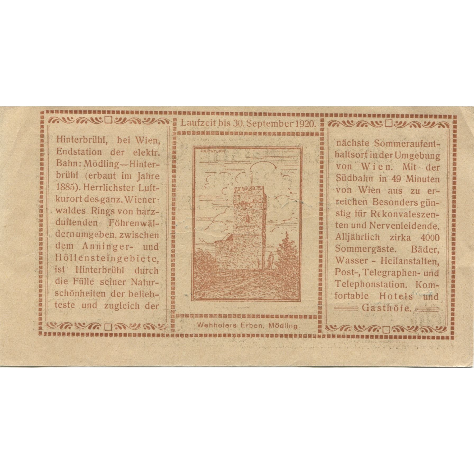 Banknote, Austria, Hinterbrühl, 80 Heller, paysage, 1920 UNC(63) Mehl:FS 376II