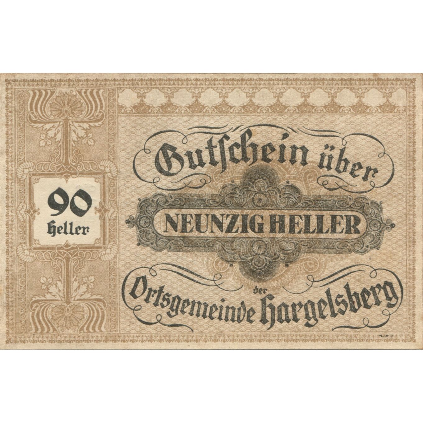 Banknote, Austria, Hargelsberg, 90 Heller, texte 1, 1920 UNC(63) Mehl:FS 349IIc