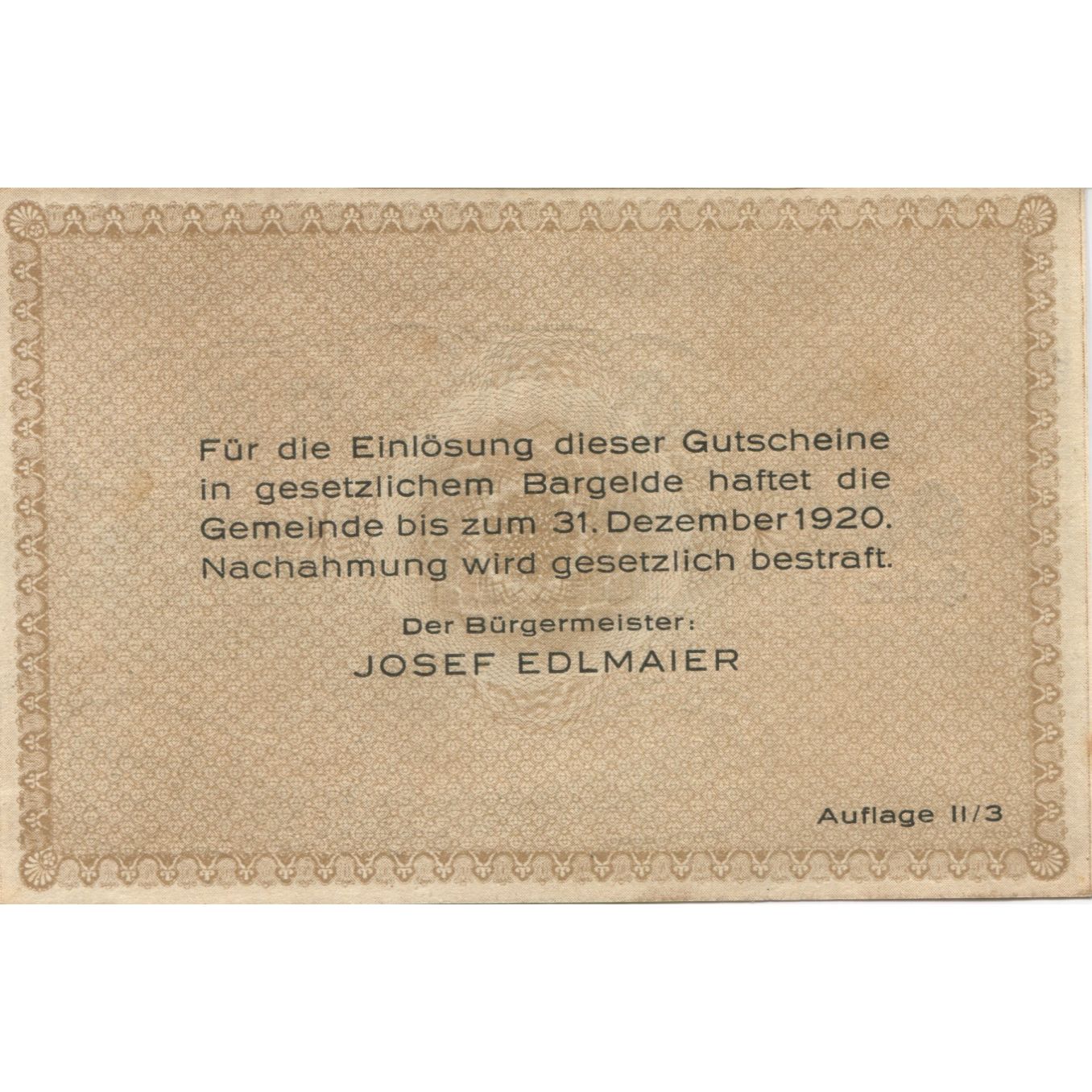 Banknote, Austria, Hargelsberg, 90 Heller, texte 1, 1920 UNC(63) Mehl:FS 349IIc