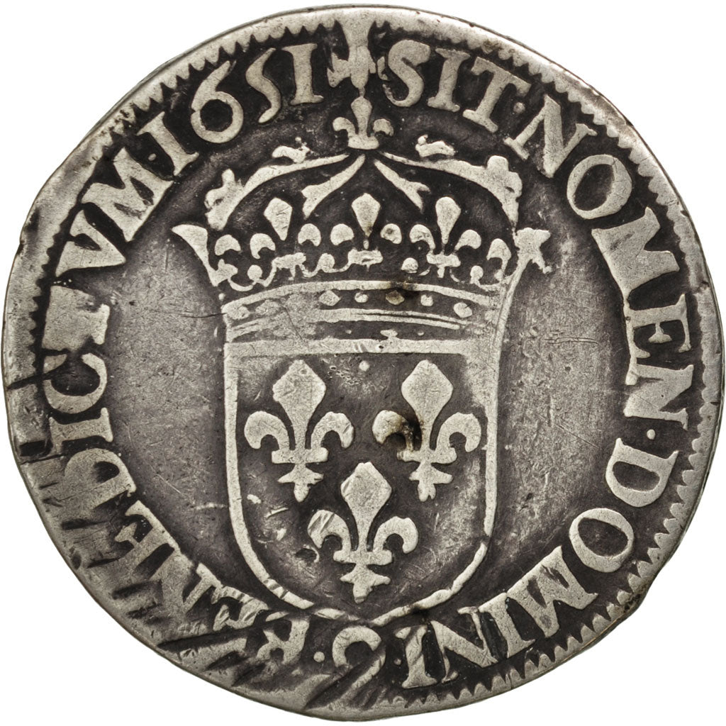 FRANCE, 1/2 Écu à la mèche longue, 1/2 ECU, 1651, Rennes, KM #164.24, F(12-15), 