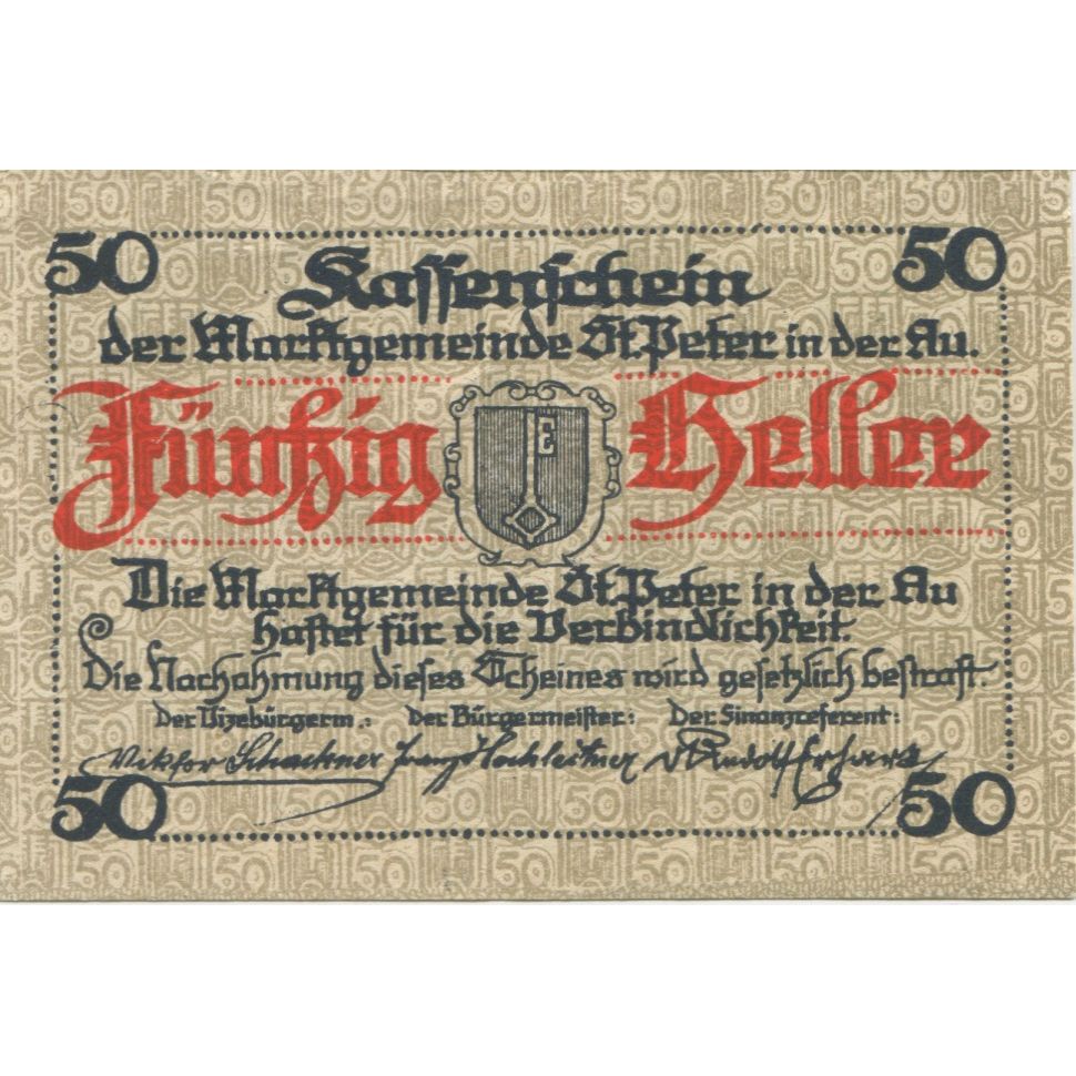 Banknote Austria St Peter I/d Au, 50 Heller, village, 1921 UNC(63) Mehl:FS 924b