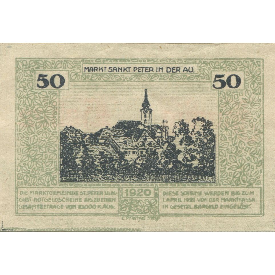 Banknote Austria St Peter I/d Au, 50 Heller, village, 1921 UNC(63) Mehl:FS 924b