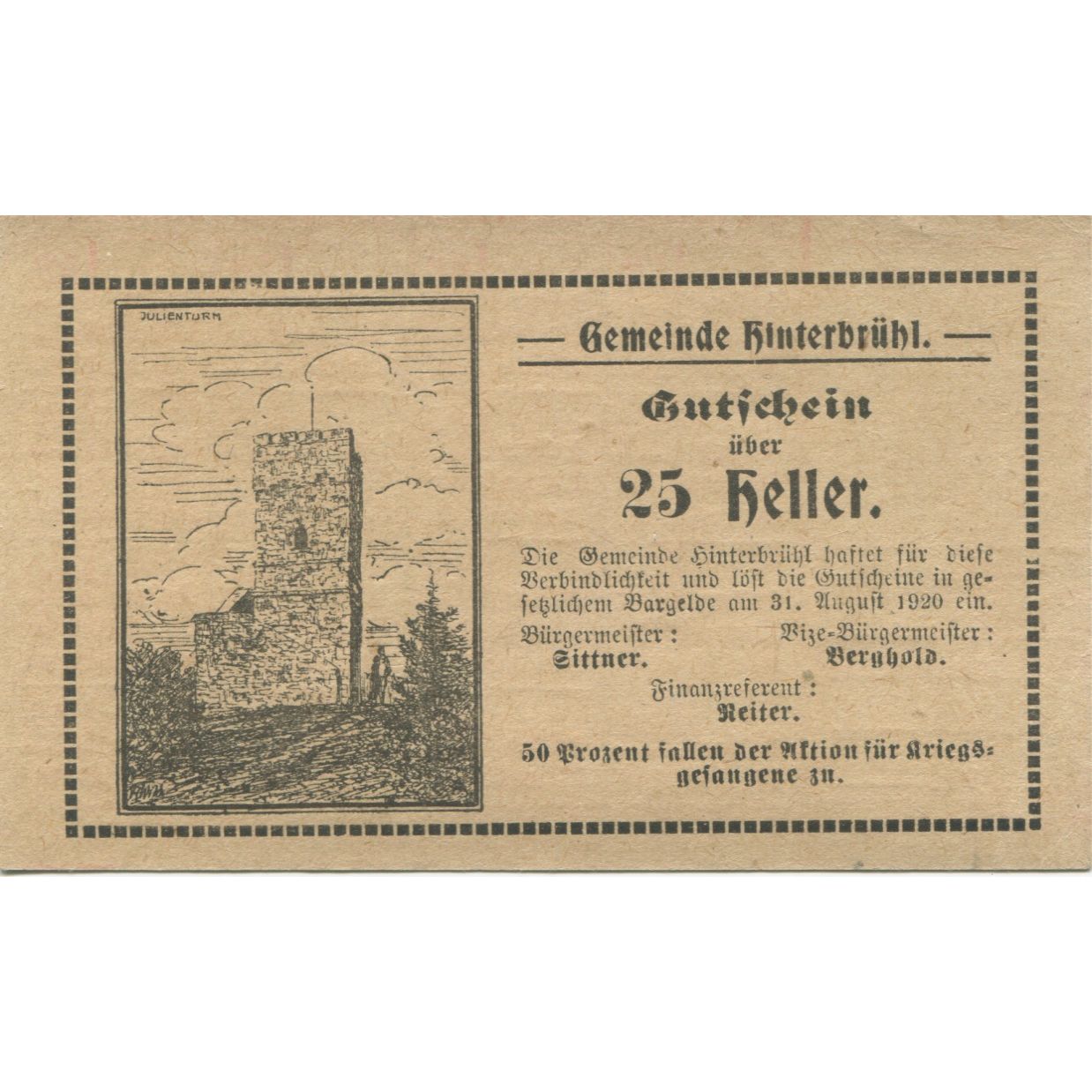 Banknote, Austria, Hinterbrühl, 25 Heller, château, 1920 UNC(63) Mehl:FS 376III