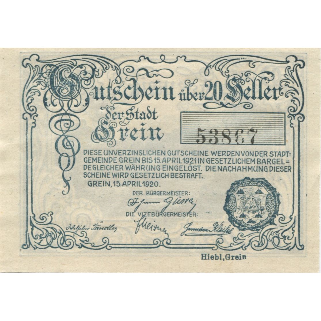 Banknote, Austria, Grein, 20 Heller, paysage 1920-12-31 UNC(63), Mehl:FS 276IIIa