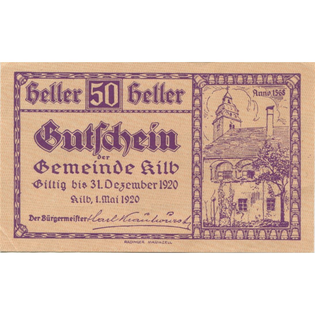 Banknote, Austria, Kilb, 50 Heller, Eglise 1920-05-01, UNC(63), Mehl:FS 436IIa