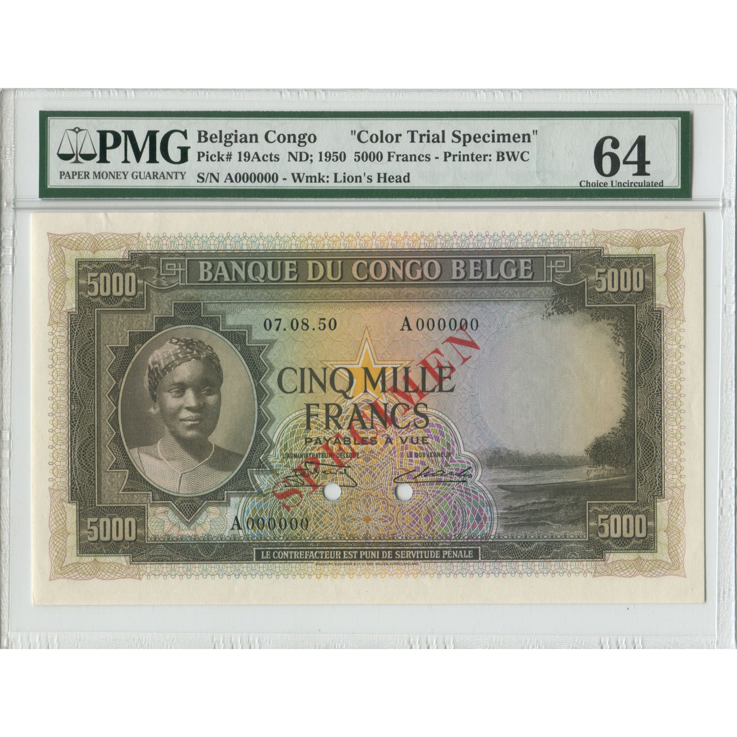 Banknote, Belgian Congo, 5000 Francs, 1950, 1950-08-07, Specimen Trial Color