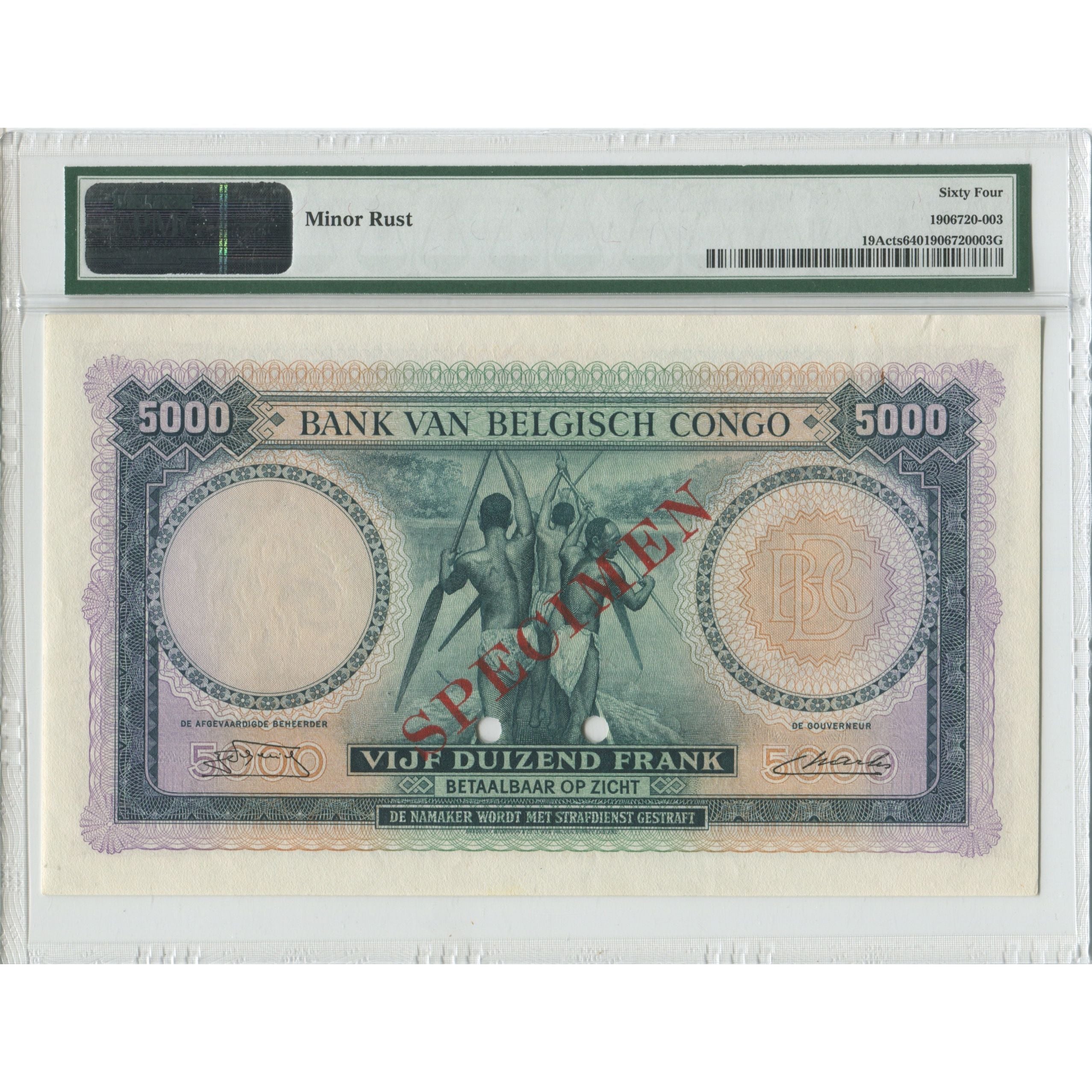 Banknote, Belgian Congo, 5000 Francs, 1950, 1950-08-07, Specimen Trial Color