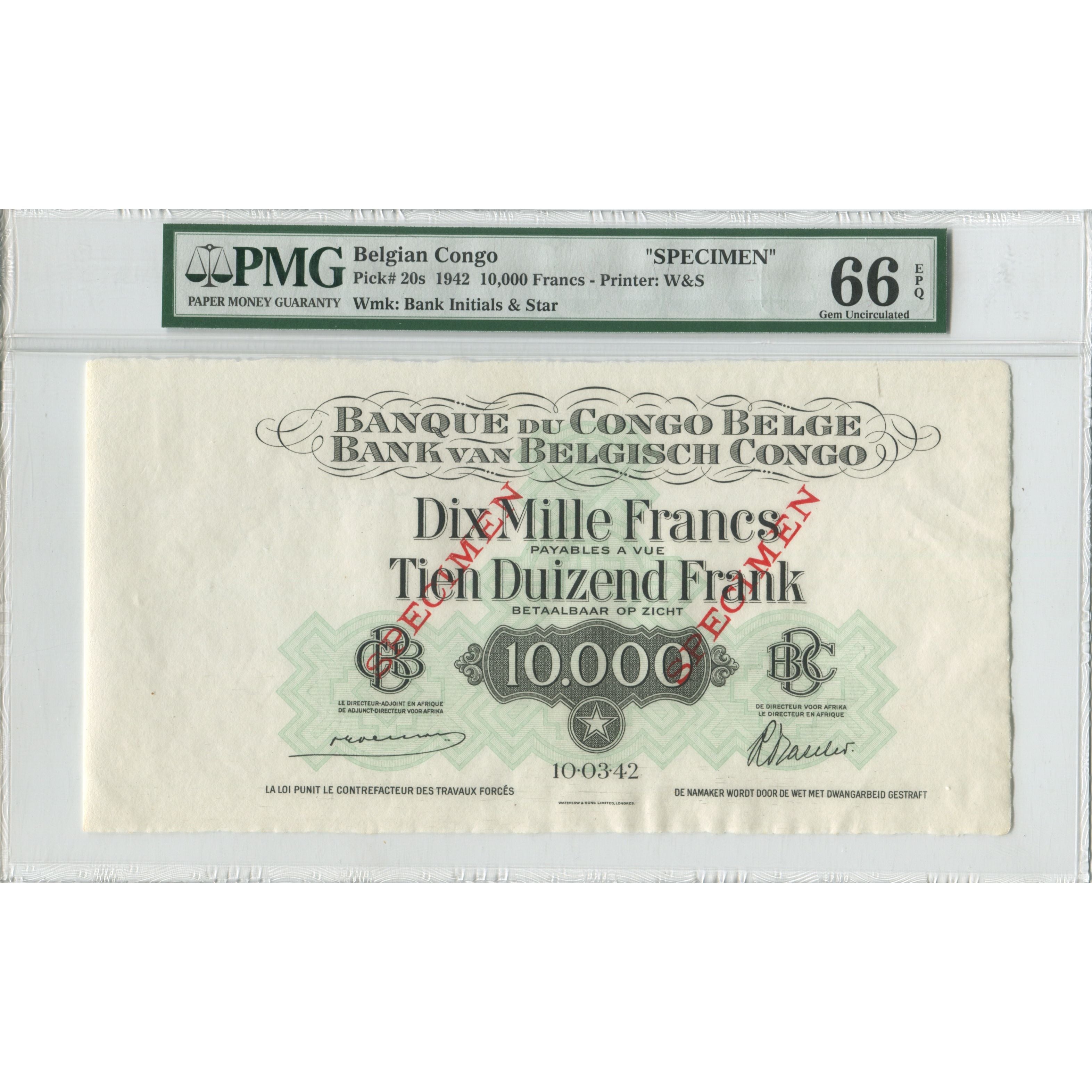 Banknote, Belgian Congo, 10,000 Francs, 1942, 1942-03-10, Specimen, KM:20