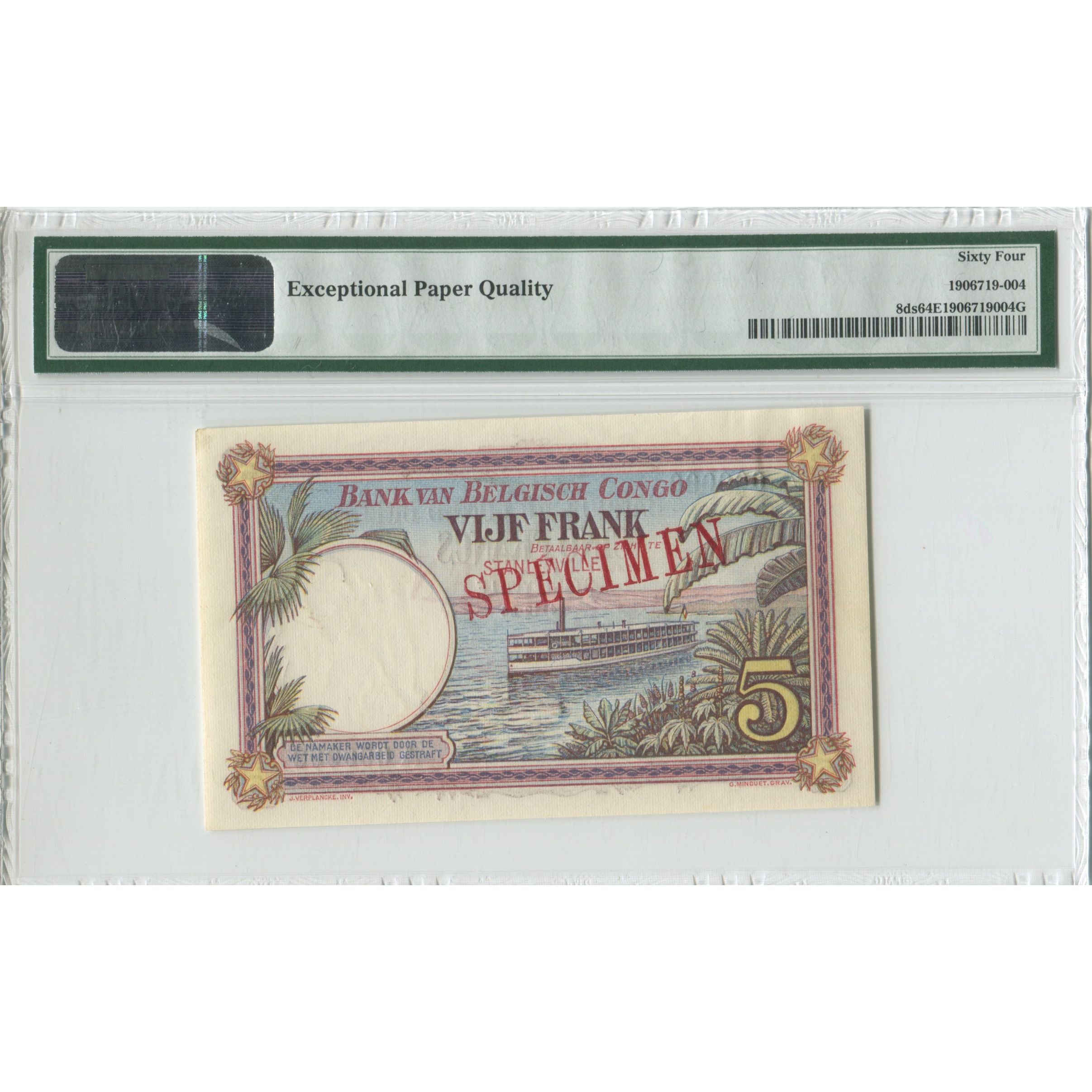 Banknote, Belgian Congo, 5 Francs, 1924, 1924-12-04, Specimen- Stanleyville
